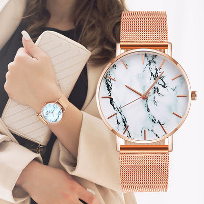 Fashion Rose Gold Mesh Band Creative Marble Female Wrist Watch Luxury Women Quartz Watches